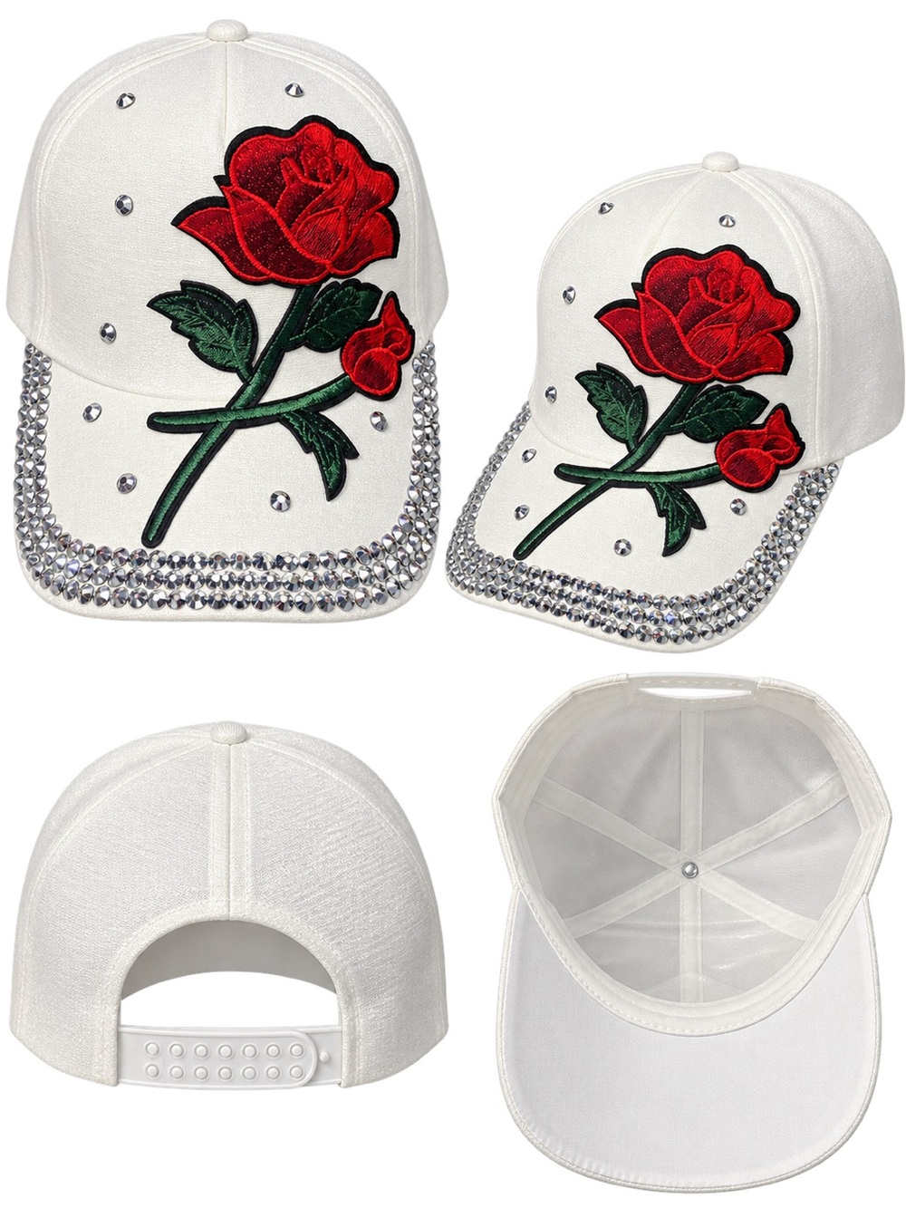 White Rose Embroidered Rhinestone Bling Baseball Cap